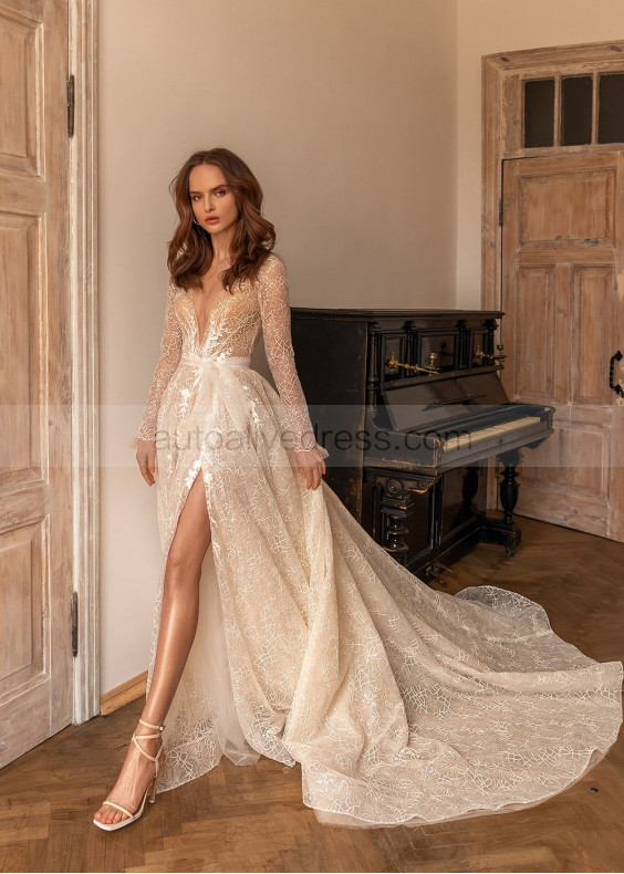Beaded Sexy Shining Lace Tulle High Slit Wedding Dress